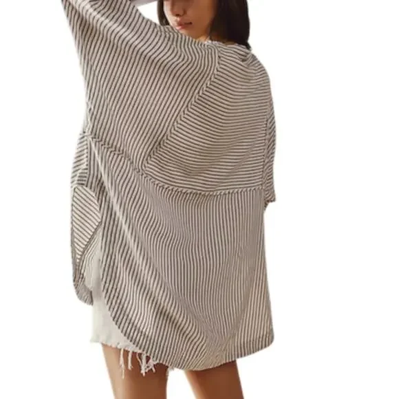 FREE PEOPLE One & Only Linen Blend Blouse Tunic Sz L Black White Boho Festival - Picture 2 of 11